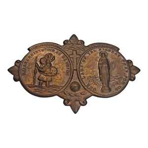 1940's Antique Brass Saint Christopher & Our Lady Car Clip Medal